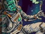 Frankenstein strain artwork: a wild bolt neck monster grinning in the deep cosmic void.