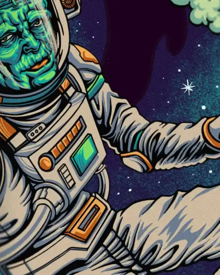 Frankenstein strain artwork: a wild bolt neck monster grinning in the deep cosmic void.