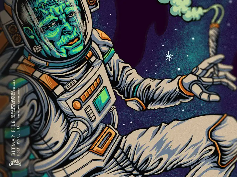 Frankenstein strain artwork: a wild bolt neck monster grinning in the deep cosmic void.