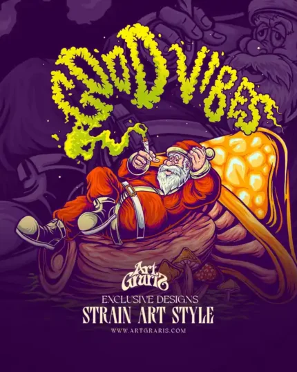 Jolly santa lounging on a giant magic mushroom smoking a joint in festive strain art style