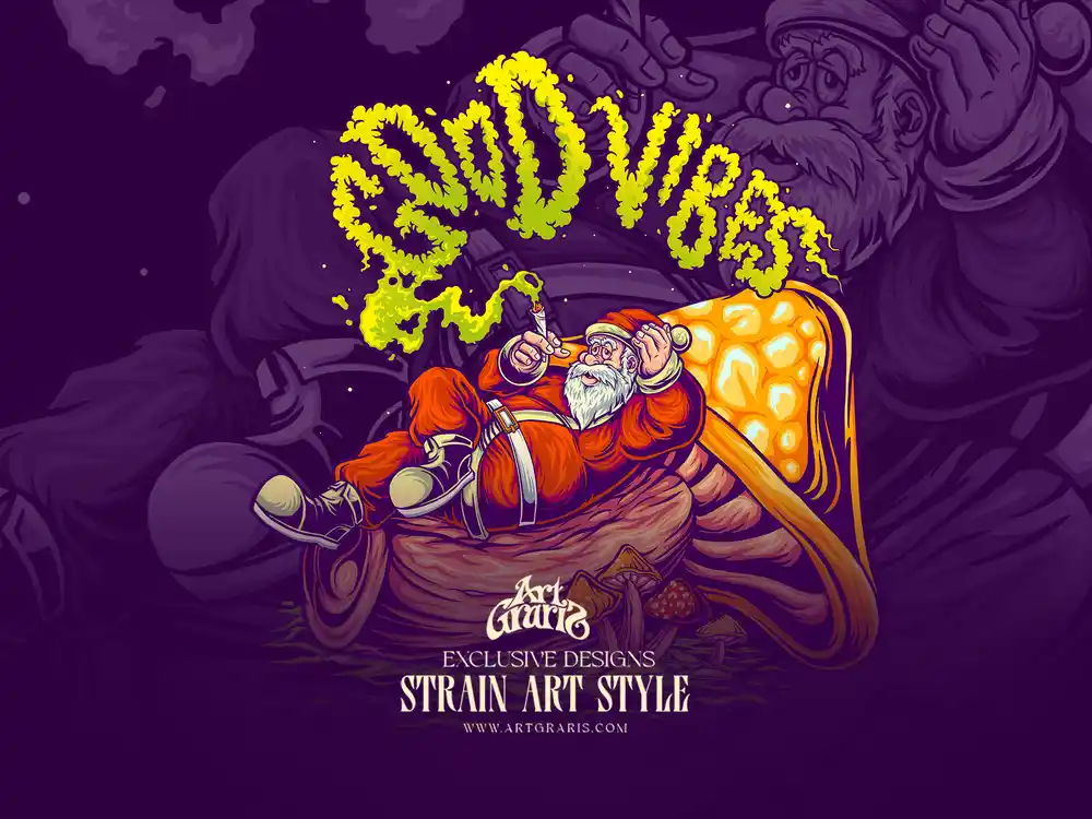 Jolly santa lounging on a giant magic mushroom smoking a joint in festive strain art style