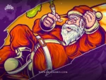 Santa smoking a joint with smoke rising in crisp cartoon linework and festive holiday style