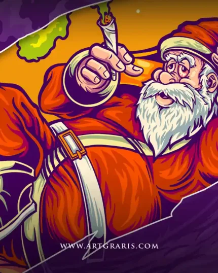 Santa smoking a joint with smoke rising in crisp cartoon linework and festive holiday style