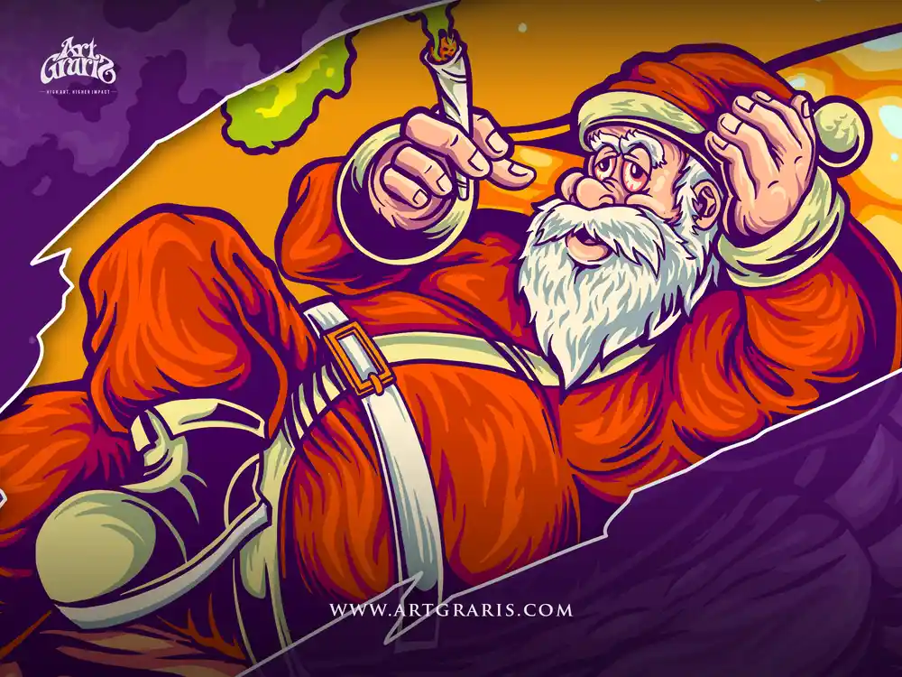 Santa smoking a joint with smoke rising in crisp cartoon linework and festive holiday style