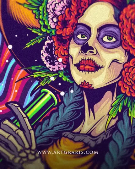 Close up of the Siempre 420 catrina face with painted sugar skull features and a lush flower crown.