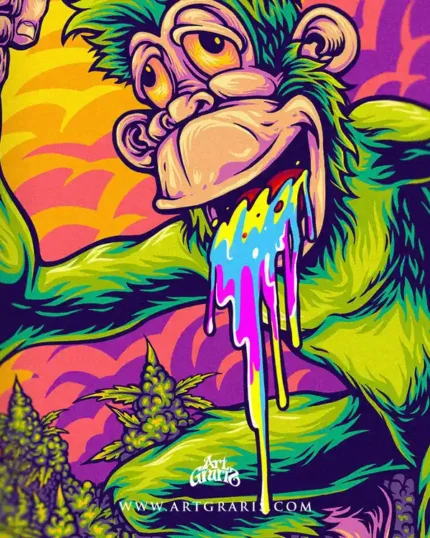 the trippy monkey face with colorful slime dripping from his grinning mouth.