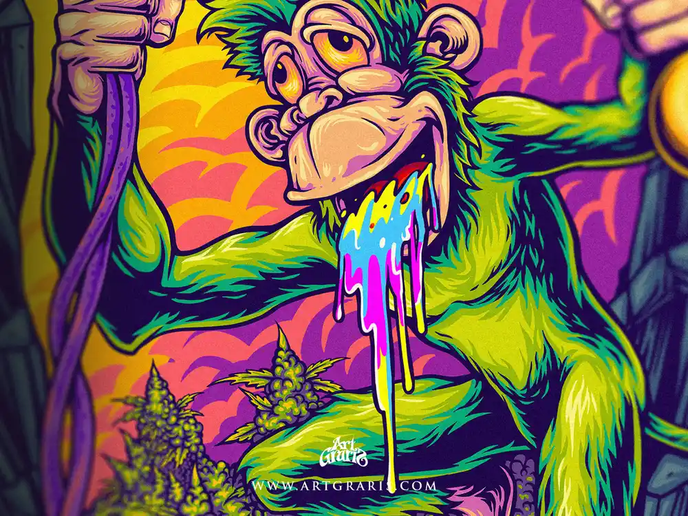 the trippy monkey face with colorful slime dripping from his grinning mouth.