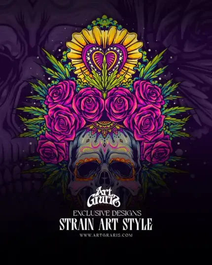 Sugar Kush strain artwork: a day of the dead sugar skull with a lush pink rose crown and sunflower heart.