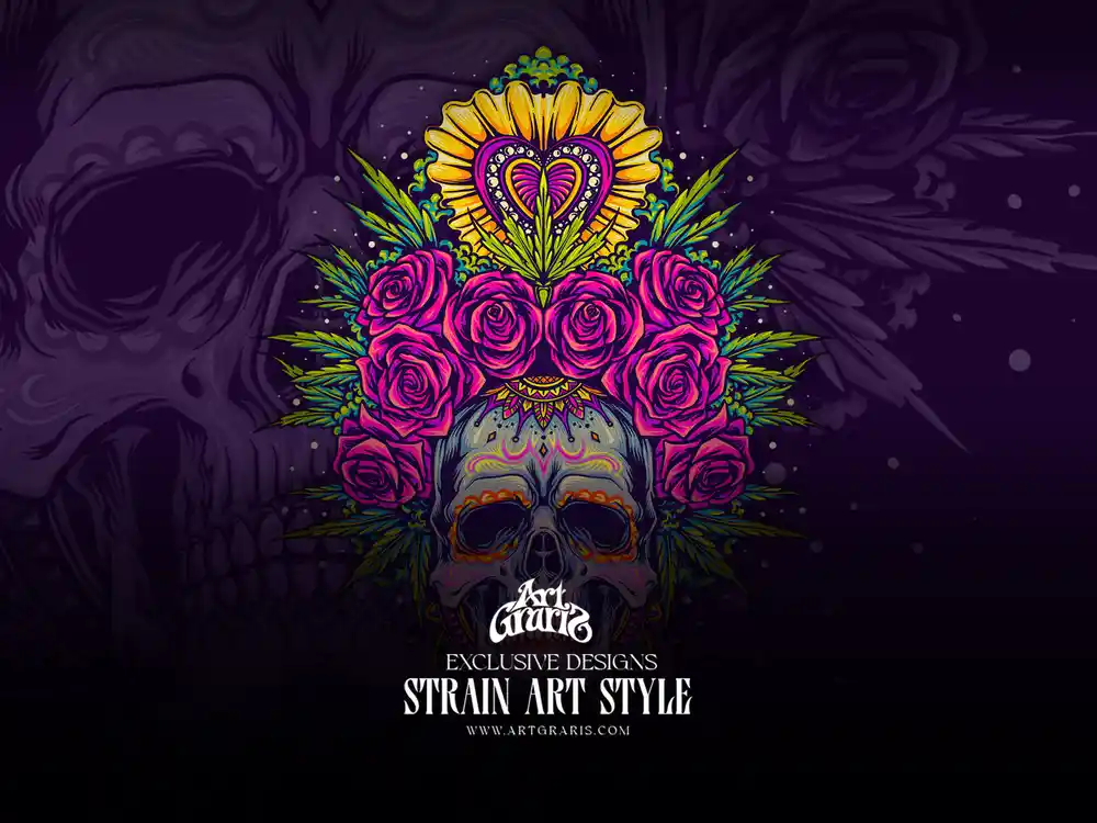 Sugar Kush strain artwork: a day of the dead sugar skull with a lush pink rose crown and sunflower heart.