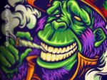 Rasta gorilla grinning face with toothy grin joint smoke and half lidded eyes in crisp cartoon linework