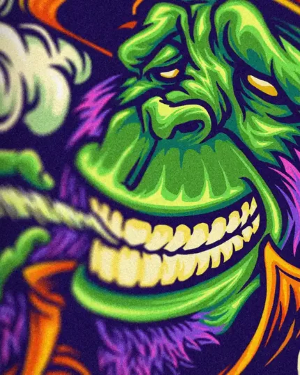 Rasta gorilla grinning face with toothy grin joint smoke and half lidded eyes in crisp cartoon linework