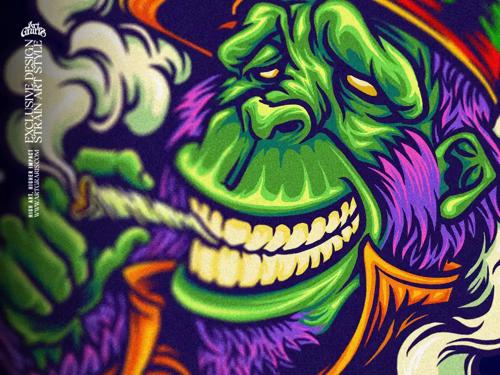 Rasta gorilla grinning face with toothy grin joint smoke and half lidded eyes in crisp cartoon linework