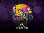 Artwork of a green monkey swinging on a purple vine with a golden bong, slime dripping from his mouth.