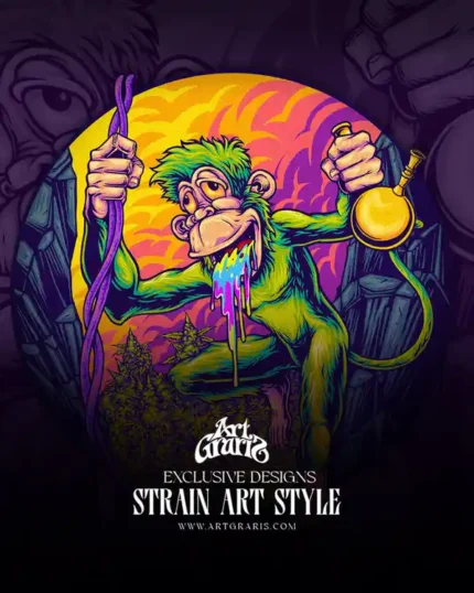 Artwork of a green monkey swinging on a purple vine with a golden bong, slime dripping from his mouth.