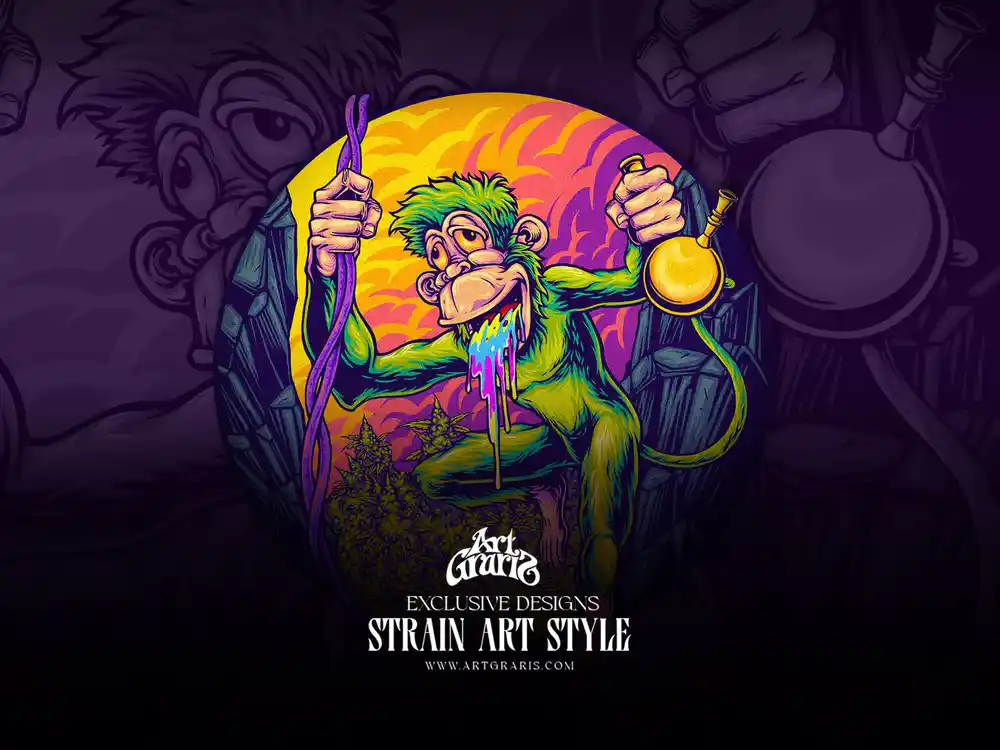 Artwork of a green monkey swinging on a purple vine with a golden bong, slime dripping from his mouth.