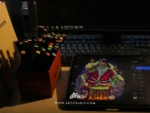 Undead zombie santa mushroom artwork taking shape on a tablet with digital layers and markers in creative process