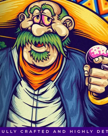 Extreme close up of the weedxico bandit face with bloodshot eyes and green mustache, holding a pink smoking pipe.