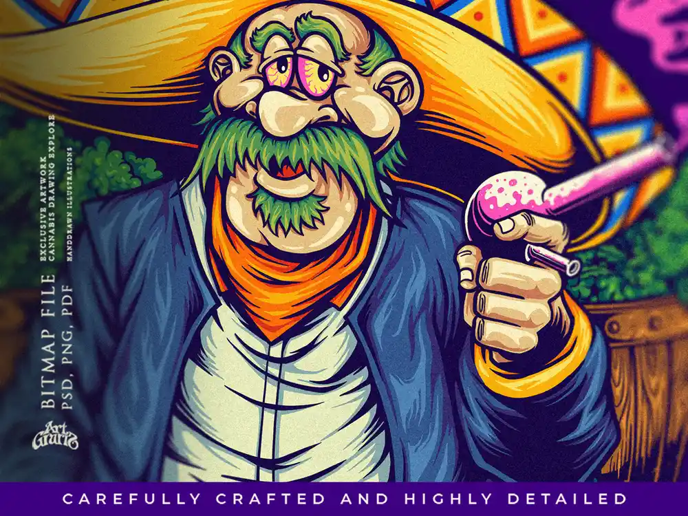 Extreme close up of the weedxico bandit face with bloodshot eyes and green mustache, holding a pink smoking pipe.