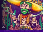 detail of the cowboy with a cannabis leaf belt buckle holding two bong guns.