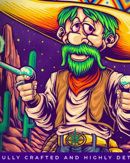 detail of the cowboy with a cannabis leaf belt buckle holding two bong guns.
