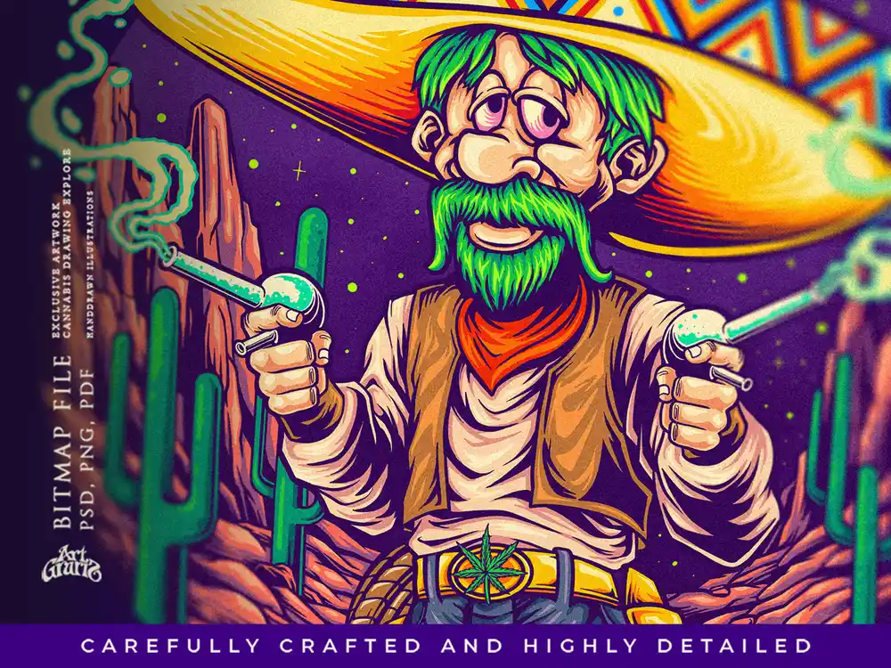 detail of the cowboy with a cannabis leaf belt buckle holding two bong guns.