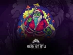 Zombie santa stirring a bubbling cauldron over open flames with red spotted magic mushrooms towering around