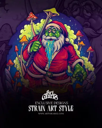 Zombie santa stirring a bubbling cauldron over open flames with red spotted magic mushrooms towering around