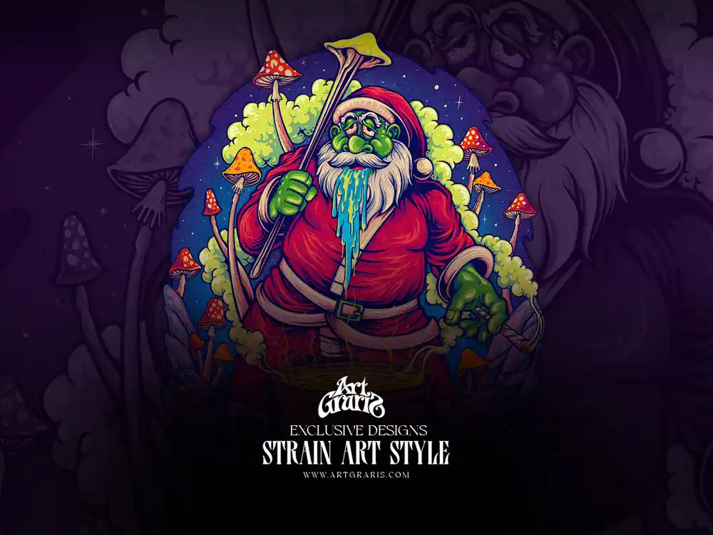 Zombie santa stirring a bubbling cauldron over open flames with red spotted magic mushrooms towering around